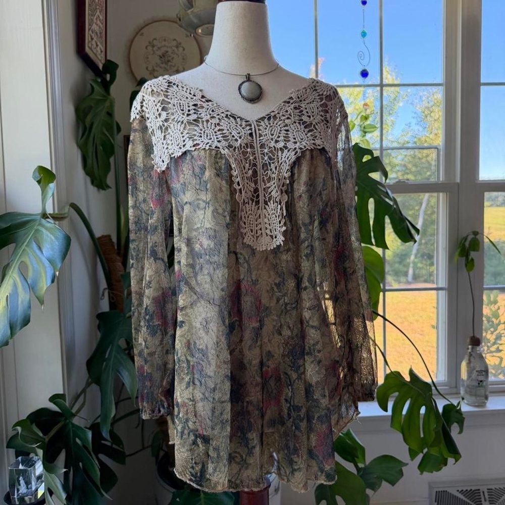 Bohemian Crochet Yoke Sheer Blouse in Multi-Color